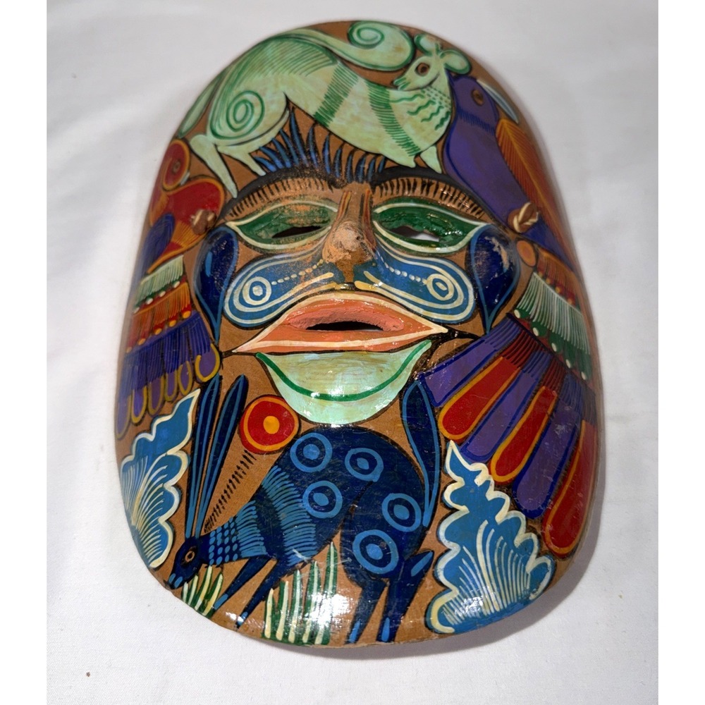 Hand Painted Terracotta Folk Art Mask‎ Animals Birds Latin American Wall